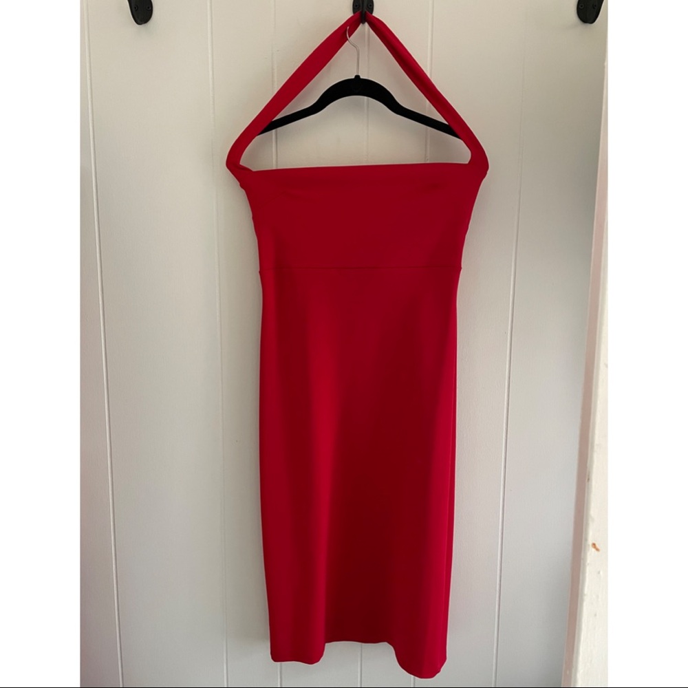 Red halter form fitting stretchy midi dress